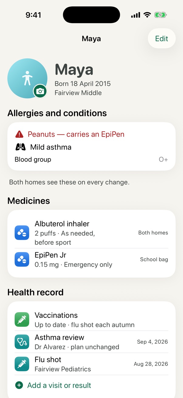 A child's profile: allergies, medicines kept at both homes, and a health record.